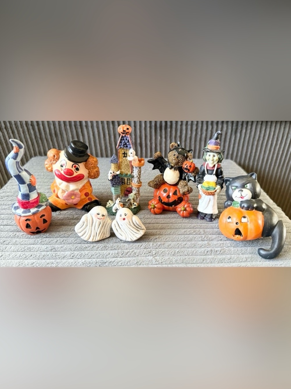 Lot of 8 VTG Halloween Figurine Collection Black Cat Ghost Clown Witch Pumpkin